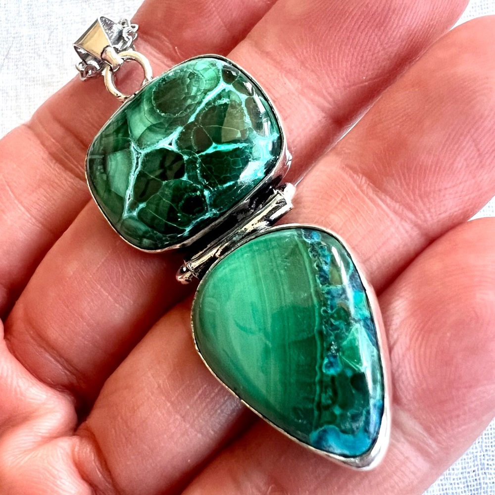 925 INSANE Gorgeous! Chrysocolla + Malachite Unique Pendant Necklace
